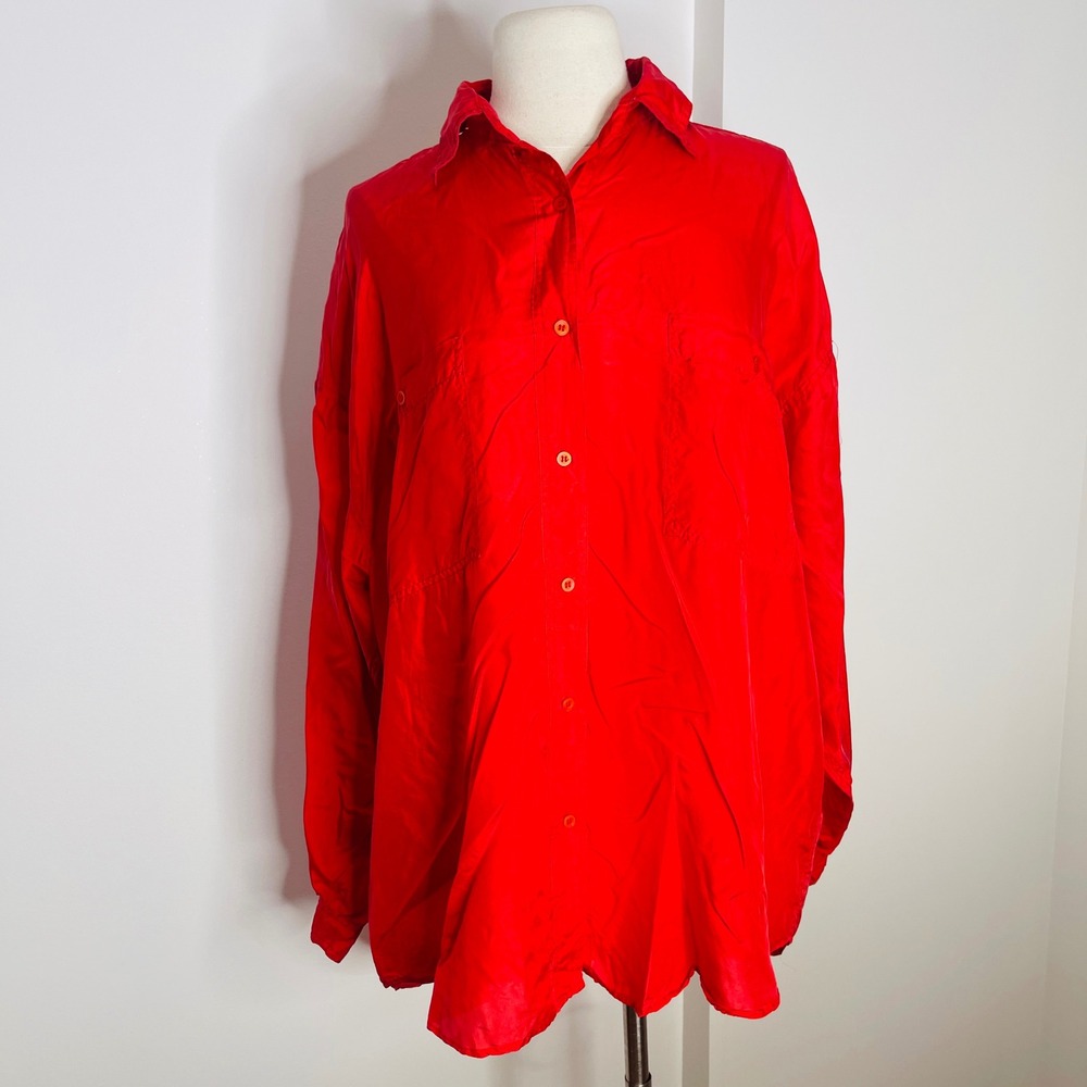 Croquet Club Red 100% Silk Button Down Oversized Blouse L RN 64578